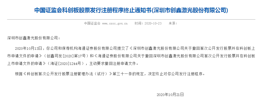创鑫激光过会11个月后遭终止注册 海通证券保荐折戟